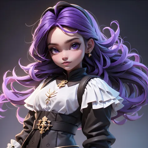 Bruxa jovem, (((cabelos negros))), - Olhos violetas, traje prata e roxo, botas pretas. (((vila encantada))). Fantasy 3d animatio...