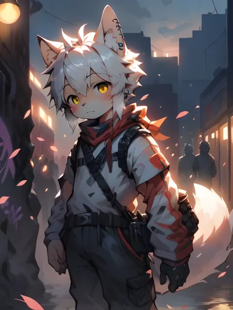 The cutest young fox boy, white hair, yellow eyes, wearing trendy hip hop clothing, tons of tattoos and piercings, graffiti styl...