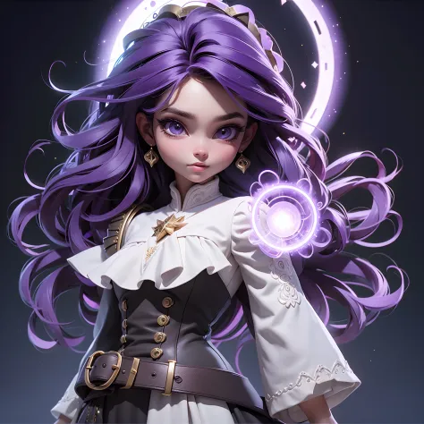 Bruxa jovem, cabelos negros, olhos violeta, traje prata e roxo, botas pretas. Vila encantada. Fantasy 3d animation. Magic portra...