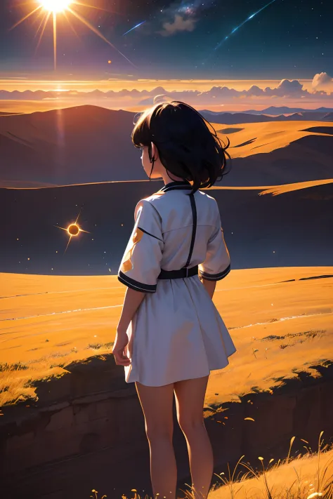 Hair floating in midair, back view, Look at the sun, There is a starship in the sky, Three suns, A little girl with black hair, 12 year old girl, Standing in the steppe, landscape, universe, 8k, super detail
