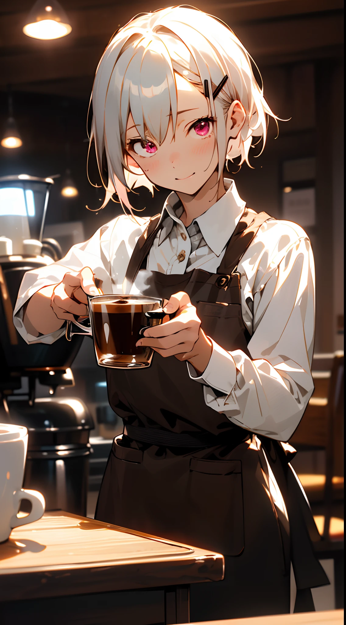 (masutepiece), Best Quality,  Girl working in coffee shop, She is making coffee in a machine, Coffee making, Perfect face, Expressive eyes, Brown Apron, Coffee shop from inside, Short hairstyle with silver hair and bob, Hair tied in a bun with a hair clip, Pink eyes, Cute Girl, Cozy, (Night), Realistic, 4K, Convoluted, Detailed, flowers in a vase, Cozy lights, Perfect Lighting, Traced light, Warm colors, Table chairs, Everyday life, Modern, Elegant, (relax vibe), peaceful, aromatic,Happy,happiness, (White hair), White shirt, barista, Soft, Brown hair band, humble,Delicate, Gentle, Night, Contrasty, Vivid colors, Bokeh, (The perfect coffee machine), state, (Soft), Glow, Glowing eyes

Break she's making coffee, There is a table with cups on the left, There is a coffee machine on the table, Steam is coming out of the cup, Delicious coffee
, Kumis,