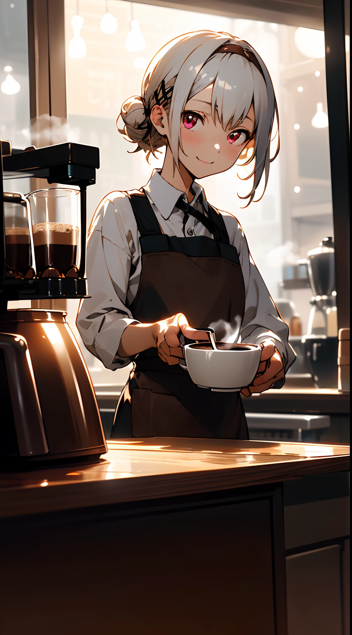 (masutepiece), Best Quality,  Girl working in coffee shop, She is making coffee in a machine, Coffee making, Perfect face, Expressive eyes, Brown Apron, Coffee shop from inside, Short hairstyle with silver hair and bob, Hair tied in a bun with a hair clip, Pink eyes, Cute Girl, Cozy, (Night), Realistic, 4K, Convoluted, Detailed, flowers in a vase, Cozy lights, Perfect Lighting, Traced light, Warm colors, Table chairs, Everyday life, Modern, Elegant, (relax vibe), peaceful, aromatic,Happy,happiness, (White hair), White shirt, barista, Soft, Brown hair band, humble,Delicate, Gentle, Night, Contrasty, Vivid colors, Bokeh, (The perfect coffee machine), state, (Soft), Glow, Glowing eyes

Break she's making coffee, There is a table with cups on the left, There is a coffee machine on the table, Steam is coming out of the cup, Delicious coffee
, Kumis,