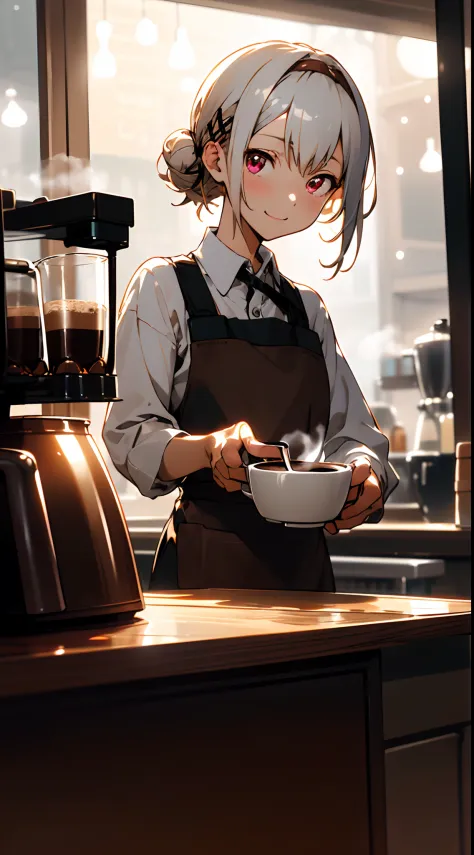 (masutepiece), Best Quality,  Girl working in coffee shop, She is making coffee in a machine, Coffee making, Perfect face, Expre...