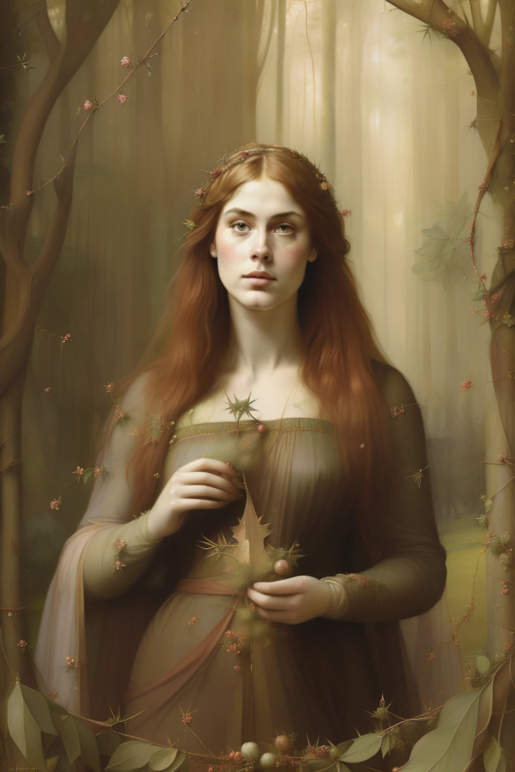 "(((Pre-Raphaelite painting of a shrub tangled with thorns in an enchanted forest, luzes encantadas, fairy powder)))]