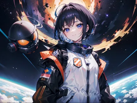 1girl, 1boy, the girl: purble galaxy eyes, black glow short hair like stars, happy expression, white astronaut outfit without helmet, showing hands; the boy: black eyes, black and orange short hair like a black hole, smiling, looking away, black astronaut ...