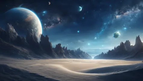 huge planet, the night, starrysky, surrealism, masutepiece, hight resolution、Impressive Milky Way:1.9、sand beach、Vast blue ocean...