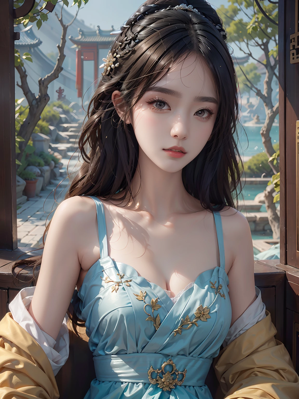 (The best quality), ((Masterpiece)), China, (1girl), solo, Detailed and realistic face, beautiful detailed eyes and lips, long eyelashes, expressive facial features, Ming Dynasty, chinese ancient costume, white and yellow dress, beatiful girl, (full body), detailed dress, jjae, 8k, 4k, UHD, Depth and dimension, the background is a wall with a majestic mosaic patterned with ornaments typical of the Ming dynasty, depth of field, background diffused,