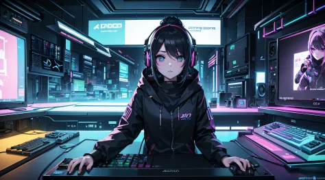 CHICA CON AUDIFONOS MUSICA EDM,DUBSTEP,GAMING MUSIC,4K,COLORIDO CYBERPUNK