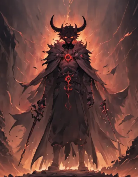 A demonic horns, dark and mysterious, working deep underground in a mine, surrounded by glowing rocks. The demon has fiery red eyes and a sinister smile, with sharp teeth. It is wearing a tattered, black cloak, covered in dirt and dust. The mine is dimly l...