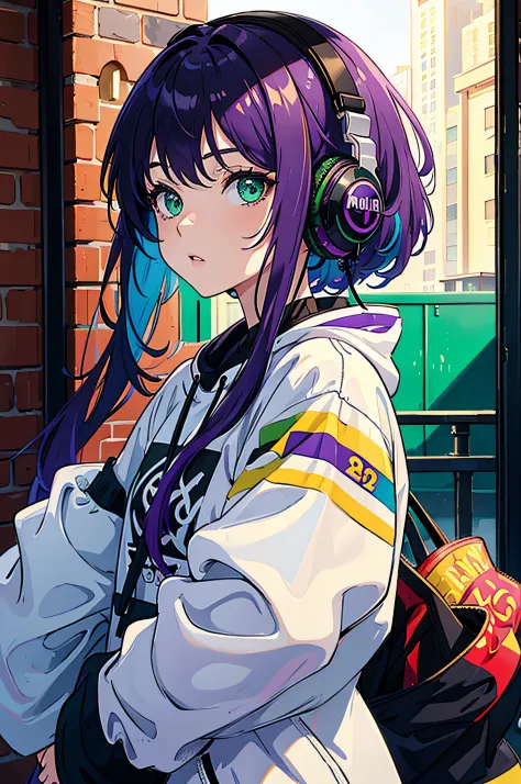 masterpiece,best quality,1girl,solo,multicolored hair,no background,streetwear,model,purple hair,green eyes,black headphones