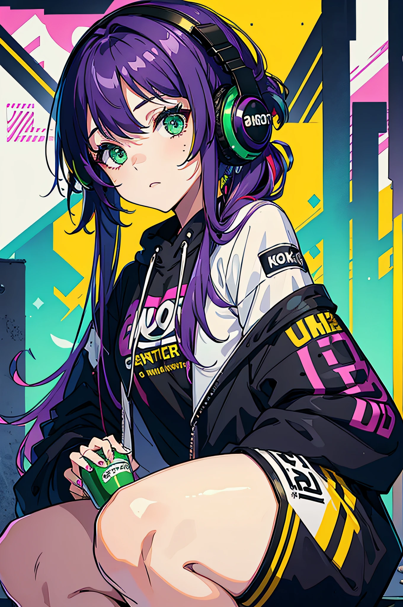 masterpiece,best quality,1girl,solo,multicolored hair,no background,streetwear,model,purple hair,green eyes,black headphones