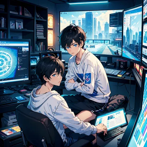 Best Quality: 1.0), (超A high resolution: 1.0), 2boy,gay relationship,Anime Boy, Short black hair, Blue eyes, Sit in front of the...