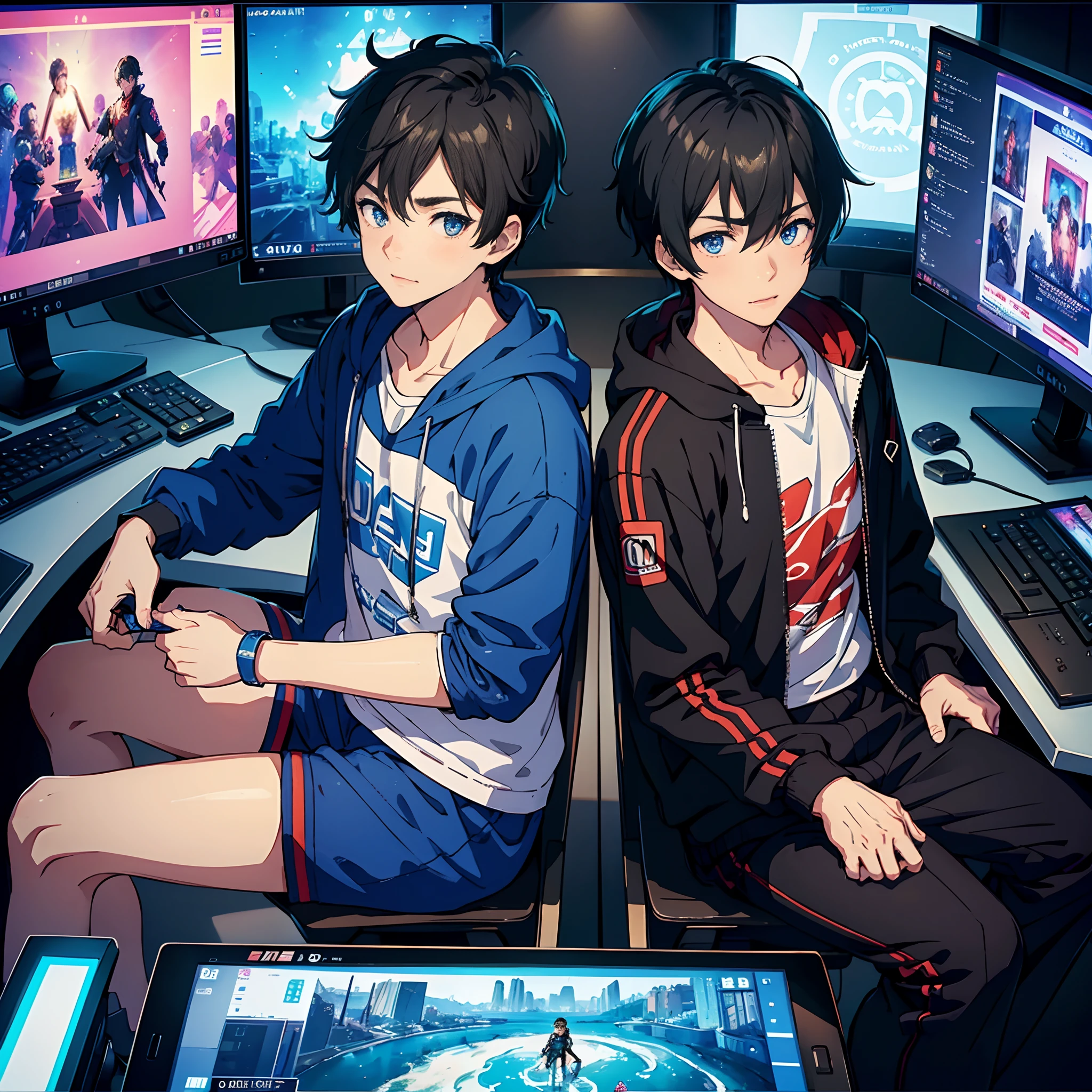Best Quality: 1.0), (超A high resolution: 1.0), 2boy,gay relationship,Anime Boy, Short black hair, Blue eyes, Sit in front of the computer and play games, background in the esports room,