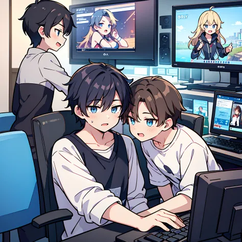 Best Quality: 1.0), (high resolution: 1.0), 2boy,gay relationship,Anime Boy, Short black hair, Blue eyes, Sit in front of the computer and play games, background in the esports room,looking at another