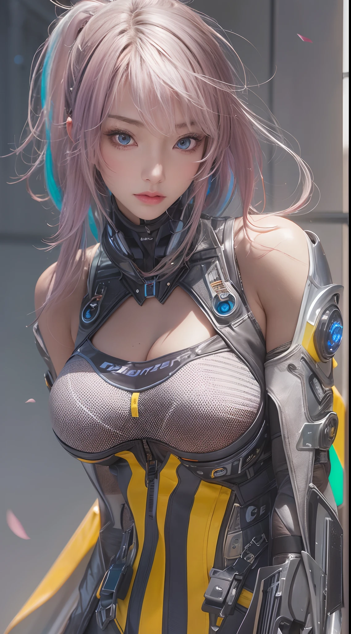 ​masterpiece, 1 beautiful girl, Detailed eye, Swollen eyes, top-quality, 超A high resolution, (reality: 1.4), light, very extremely beautiful, Beautiful skins, A slender, Forward-facing body, (A hyper-realistic), (hight resolution), (8k), (ighly detailed), ( Best Illustration), (beautifully detailed eyes), (Ultra-detail), Detailed face, Bright lighting, Professional Lighting、the most beautiful and sexy cyberpunk girl, rainbow colored hair, yellow eyes, dark african skin, wearing incredibly detailed futuristic cyberpunk battle armor, huge enormously gigantic , cleavage showing, tons of tattoos and piercings, in hyper futuristic city metropolis, cherry blossoms blowing in the wind, cinematic, incredibly perfect masterpiece, high quality, high resolution