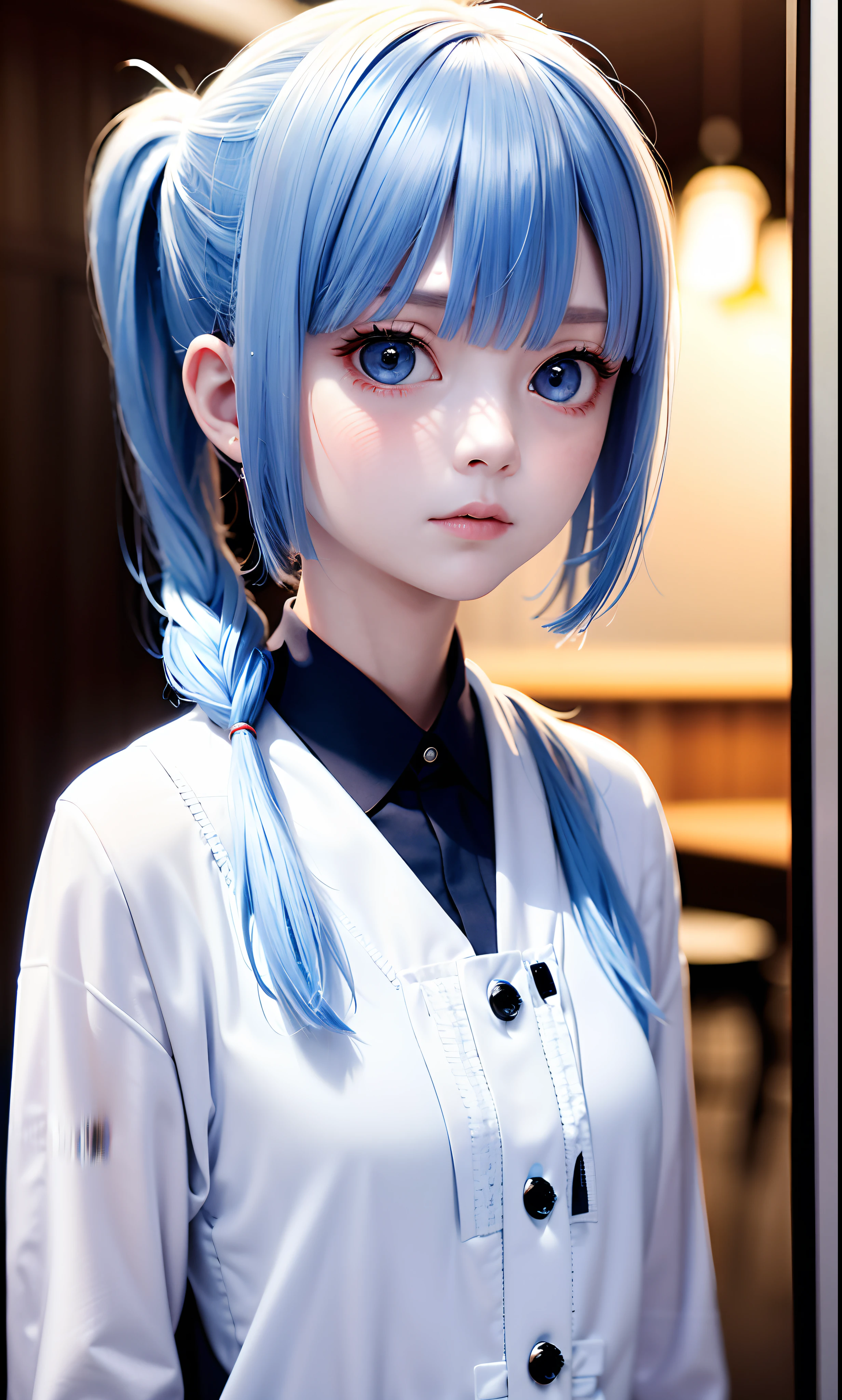 Excellent, chef-d&#39;œuvre, blue-cheveux, les yeux rouges, Vêtements blancs, Levant les yeux, Haut du corps, cheveux, peau claire, double queue de cheval, profondeur de champ, se concentrer, bokeh, portrait,