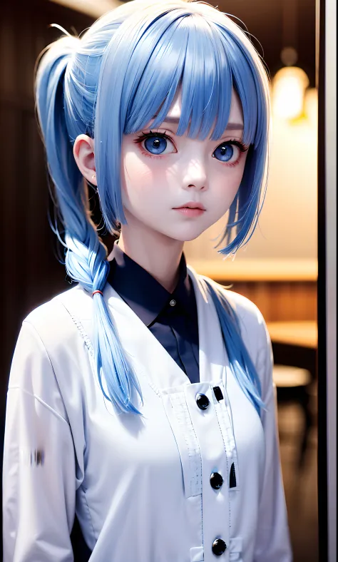 Excellent, masterpiece, blue-hair, red-eyes, white clothes, looking up, upper body, hair, fair skin, double ponytail, depth of f...