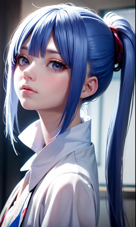 Excellent, masterpiece, blue-hair, red-eyes, white clothes, looking up, upper body, hair, fair skin, double ponytail, depth of f...