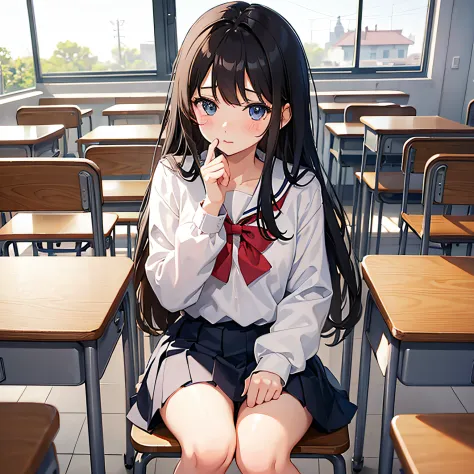Super delicate cute girl in school uniform with black hair、1人、a junior high school student、14years、8K Ultra High Definition, Delicate texture、schools、‎Classroom、with blush cheeks、Puzzled、Sitting on a chair