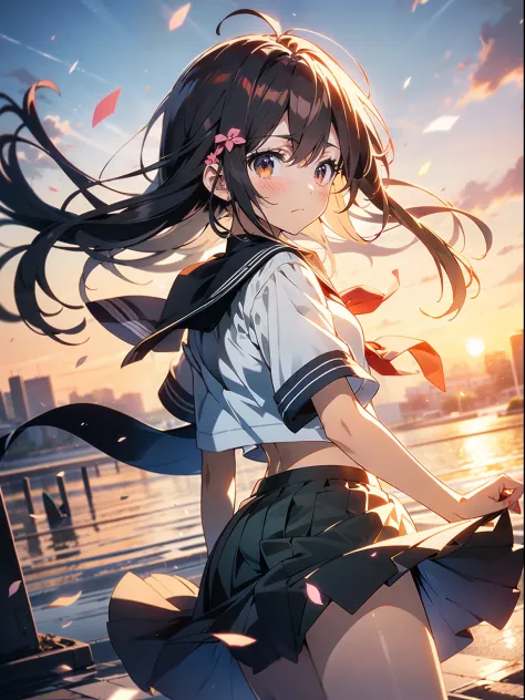 in 8K、top-quality、​masterpiece、ultra-detailliert、Ultra-high resolution、(((Anime style)))、1 High School Girl、校服、School route、heavy wind、Check skirt、Skirt flipping in the wind、Slouched、Skirt suppression、Impatient