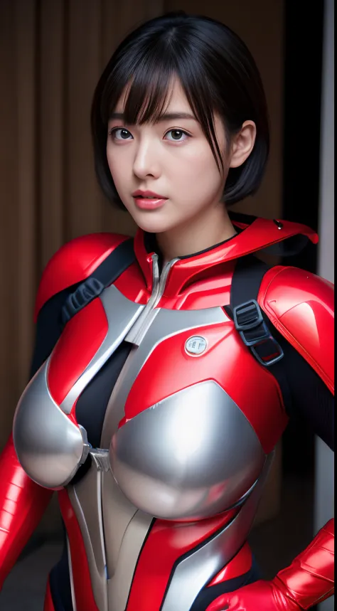 Ultraman、Realistic、realisitic、Cinematic lighting, Woman in shiny red and silver suit、professional photograpy、Does not expose the...