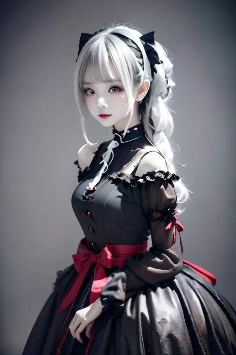 parfect anatomy、top-quality、masuter piece、ultra-detailliert、8ｋ、Correct depiction of the human body、Full Body Angle、Delicately drawn face、Pretty face woman、Gothic Lolita Fashion、Black Gothic Lolita Fashion、Black and white costume、Beautiful silky silver hair...