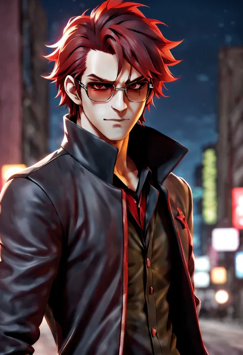 anime character with dark hair with red highlights and a black jacket, with red hair, scruffy face hair, transparent glasses, an...