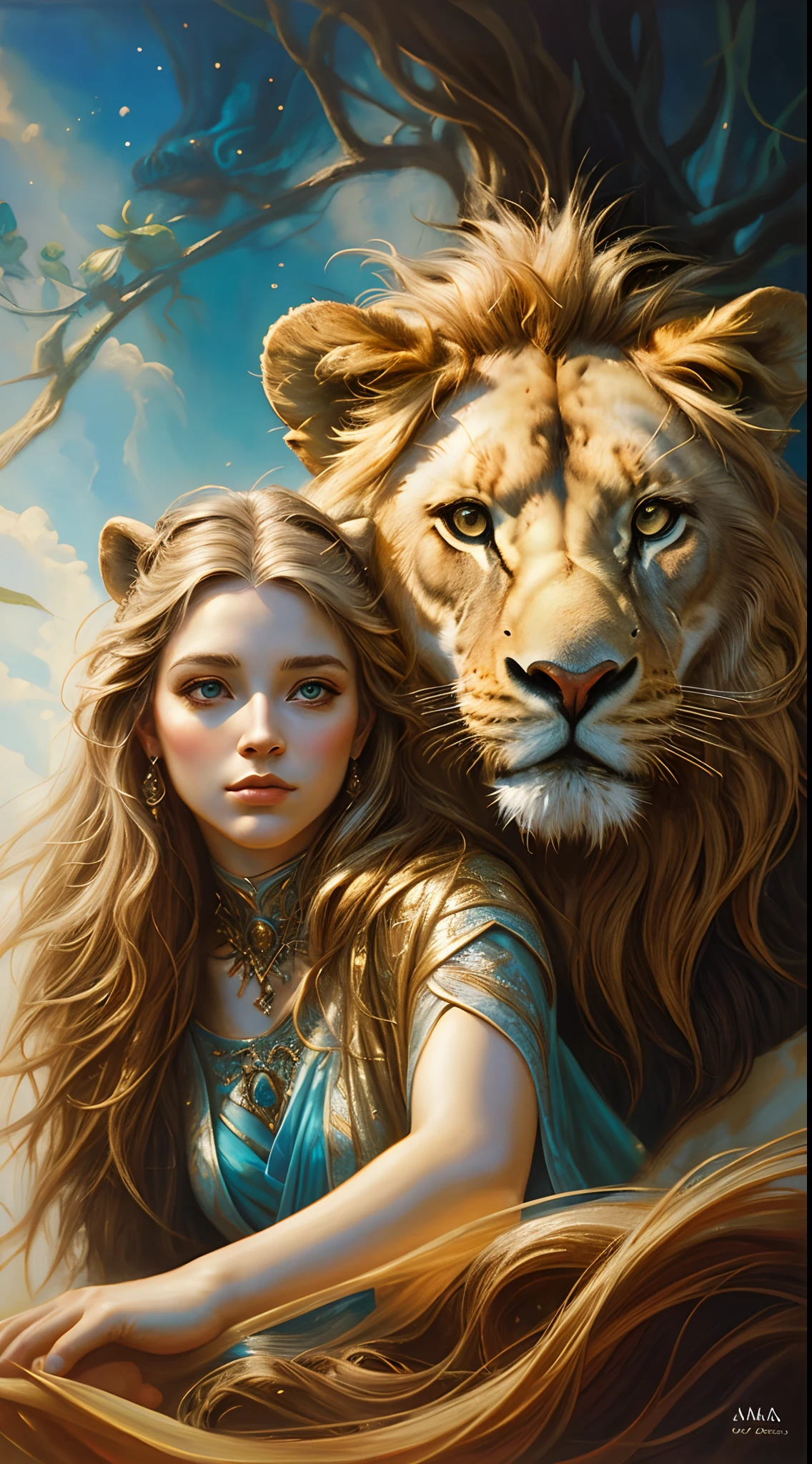 Painting of a girl and a lion in a forest, Graphic artist Magali Villeneuve, pintura de fantasia realista, retrato da arte da fantasia, Magali Villeneuve», arte de fantasia realista, realistic fantasy illustration, retrato bonito da arte da fantasia, retrato da fantasia, arte digital fantasia arte, retrato bonito da fantasia, Arte de Fantasia, arte digital fantasia, Magali Villeneuve e Monet