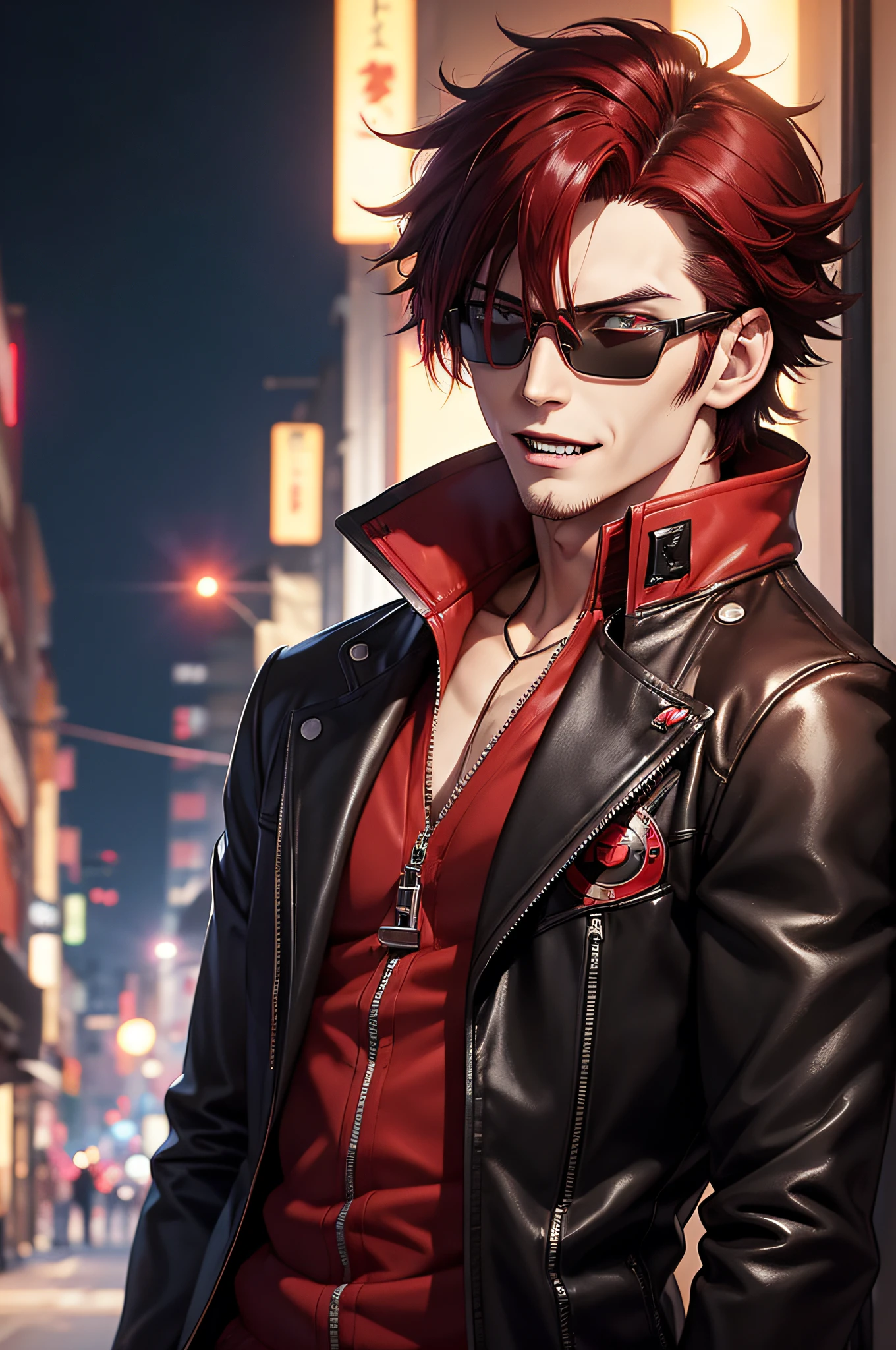 anime character with dark hair with red highlights and a black jacket, with red hair, scruffy face hair, transparent glasses, anime handsome man, male anime character, 1boy, solo, suoh mikoto, k project, (((vampire))), insanity, malkavian, city in background, (night), smirk, cowboy shot, dynamic lighting