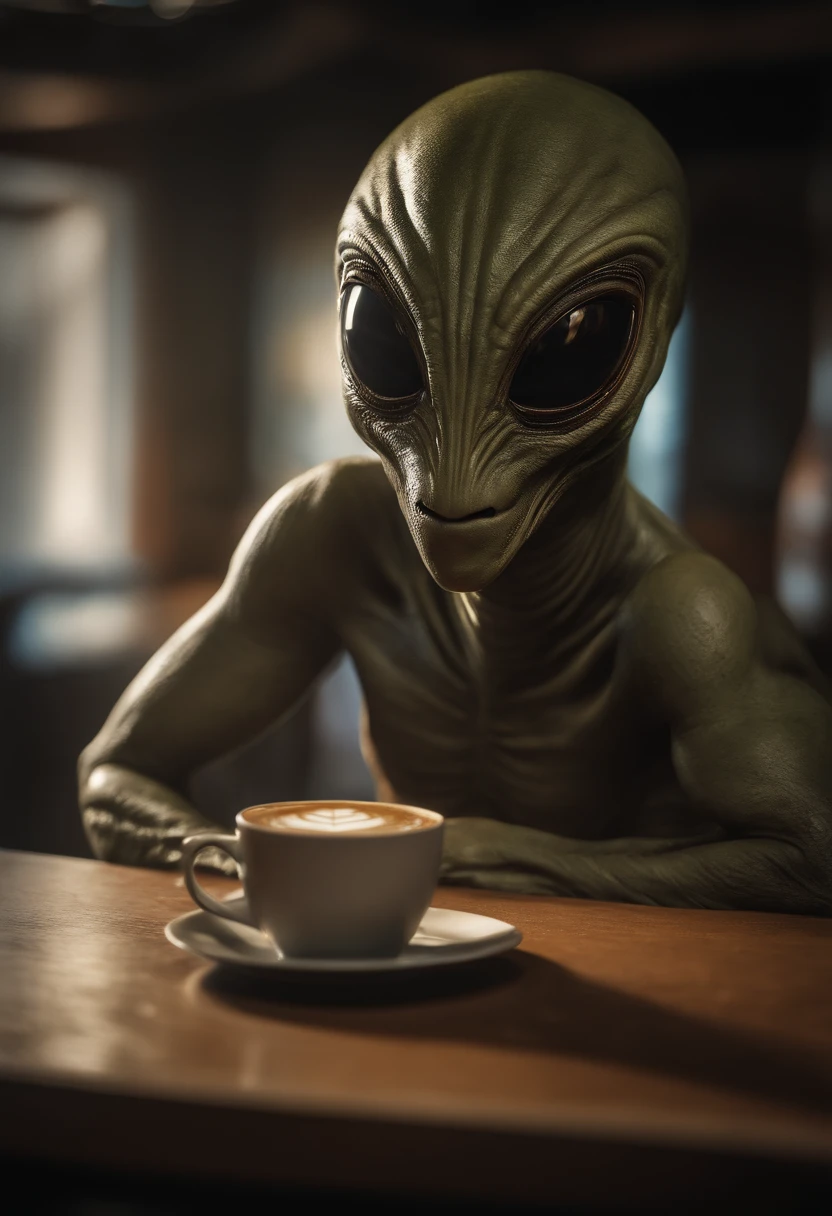 An alien creature with a flattened head, 2 ojos negros, sipping a coffee , [插圖] durante (La mejor calidad,4k,8k,altas,Pieza maestra:1.2), Ultra detallado, (realista,fotorrealista,fotorrealista:1.37), HDR, UHD, Studio lighting, extreme detail description, profesional, vivid colors, Bokeh, [Artista conceptual], [Science fiction], [retrato], [Paisaje].
