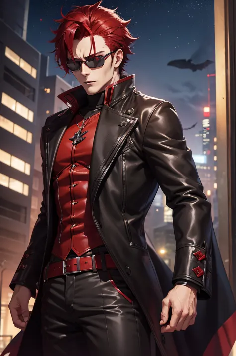 sexy male anime character with dark hair with red highlights and a black jacket, with red hair, scruffy face hair, transparent g...