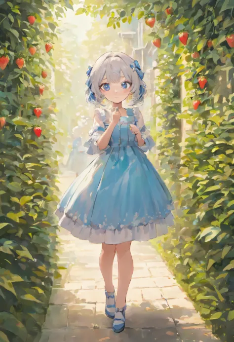 Girl Standing In The Garden,Silver hair,Glasses,Blue eyes,Cat ears 