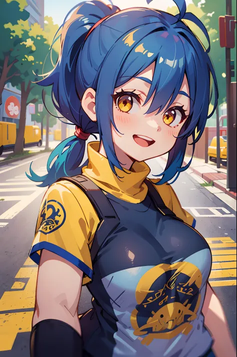 1girl in、Niko-chan、a 18 year old girl、middle size breasts、Blue hair、Pony tail、glowing yellow eyes、Bangs between the eyes、Ahoge、T...
