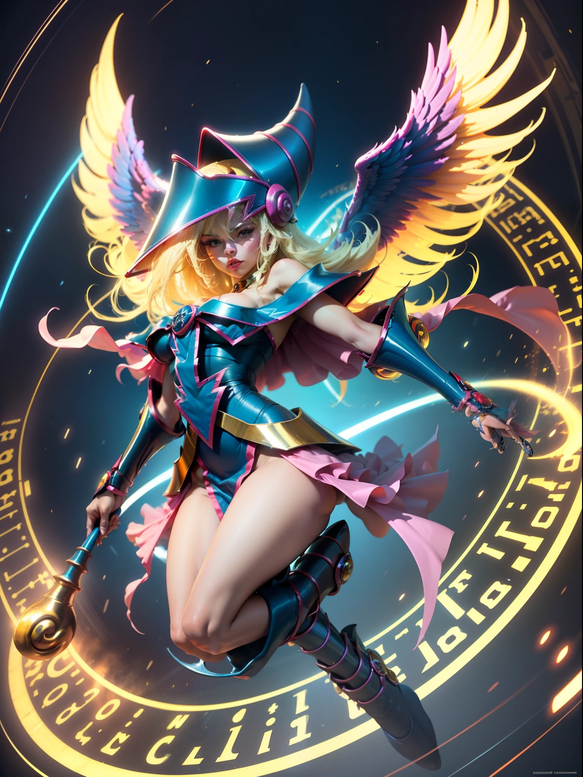 Beautiful young dark mage:2 Angel version with open wings:1, Bright and shining angelic being, Big shiny golden wings:3 Divine Mandala, etherial wings, epic angel wings, Infinite angelic wings, Futuristic robot angel, Unreal rendering engine + a goddess, wings made of light, The Solar Punk Phoenix. unreal engine, genial. Dark Magician Angel Girl version. Levitating magic hoop. high resolution.