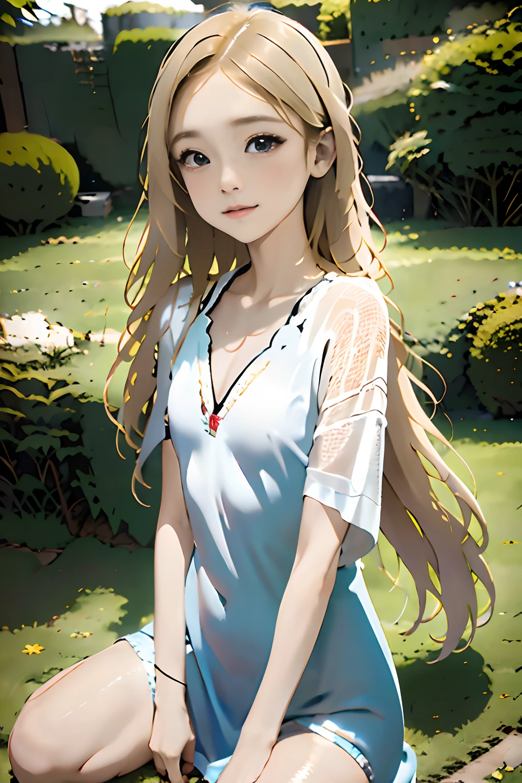 ((European Preteen)), Excited girl, T-shirt style dresses, V-neck, ,  With small hair, Thigh to face closeup, Shot from below, Very light skin, Very long hair, Wavy Hair, Blonde hair, garden, Sunrise, Photorealistic, indirect lighting, Volumetric Lights, Ray tracing, ultra-detailliert, Best Quality, Ultra-high resolution, nffsw, 8K