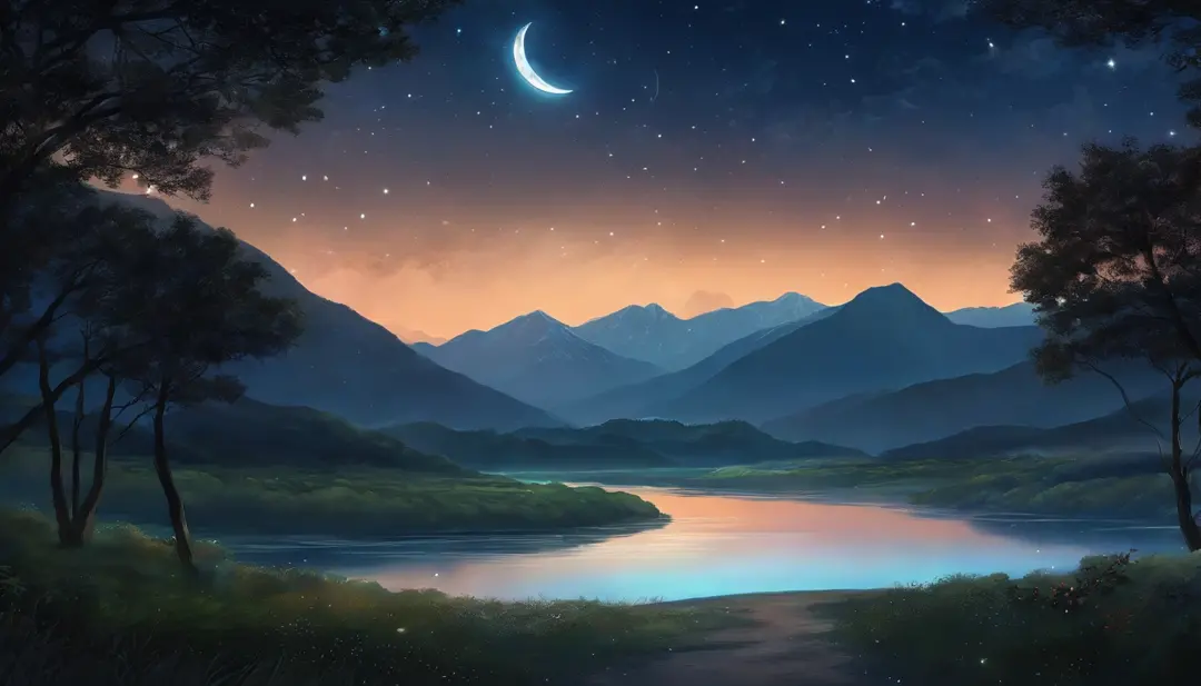 A painting of a river with stars and moon in the sky, concept art inspired by Tosa Mitsuoki, pixiv contest winner, best quality, fantasy art, beautiful anime scene, a bright moon, moonlit starry environment, dream painting, Anime Background Art, Fantasy La...