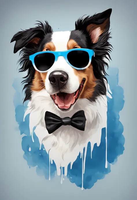 um cachorro Border Collie, pintura estilo 3D aquarela, Dog wearing blue DJ glasses, Collie dog wearing a pair of glasses , imagem completa, High resolution high contrast (fotorrealista:1.5), (Foto RAW, 8k UHD,