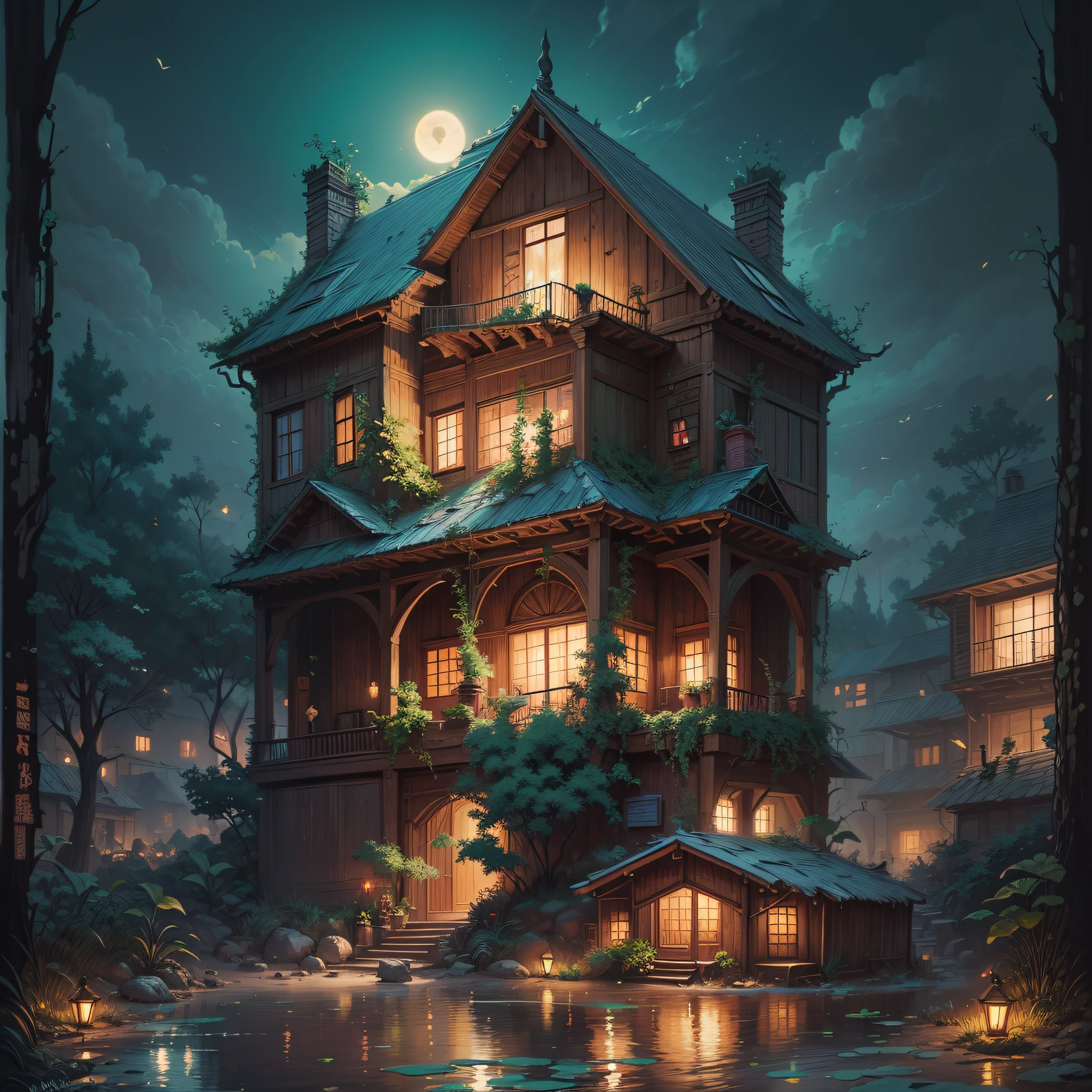 painting of a house with a reflection in a pond at night, Dan Mumford Tom Bagshaw, El Bosco e Dan Mumford, Studio Ghibli e Dan Mumford, No estilo Dan Mumford obra de arte, Highly detailed illustration, Dan Mumford e Thomas Kinkade, No estilo de arte de Dan Mumford, Dan Mumford e Albert Bierstadt, Highly detailed illustration.", peaceful wooden mansion