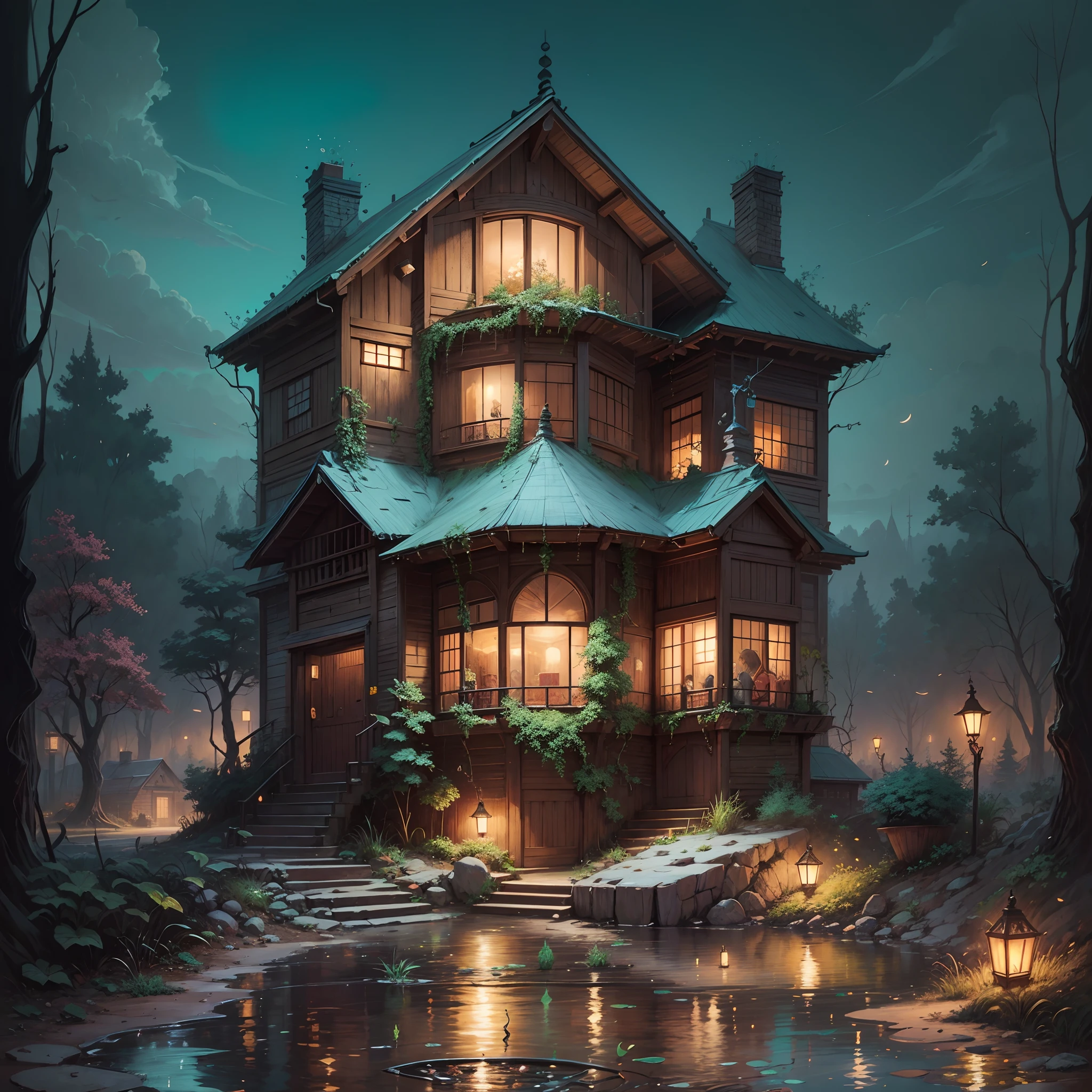 painting of a house with a reflection in a pond at night, Dan Mumford Tom Bagshaw, El Bosco e Dan Mumford, Studio Ghibli e Dan Mumford, No estilo Dan Mumford obra de arte, Highly detailed illustration, Dan Mumford e Thomas Kinkade, No estilo de arte de Dan Mumford, Dan Mumford e Albert Bierstadt, Highly detailed illustration.", peaceful wooden mansion