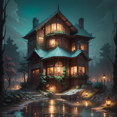 painting of a house with a reflection in a pond at night, Dan Mumford Tom Bagshaw, El Bosco e Dan Mumford, Studio Ghibli e Dan M...
