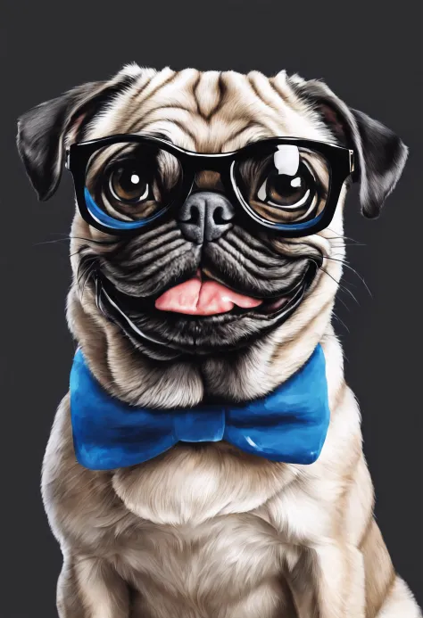um cachorro Pug, pintura estilo 3D aquarela, Dog wearing blue glasses, Pug dog wearing a pair of glasses , imagem completa, High resolution high contrast (fotorrealista:1.5), (Foto RAW, 8k UHD,