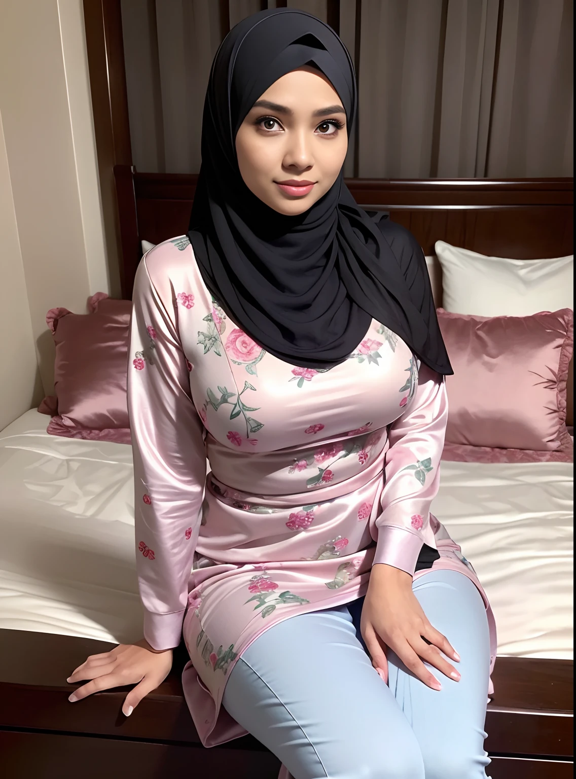 Muslim woman in pink dress sitting on bed with pink pillows - SeaArt AI