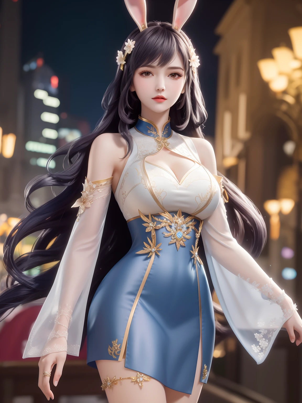 1girl,mature female, looking at viewer, cityscape, night, hair ornament, long hair, fake animal ears, skirt,shirt,clothing cutout, rabbit ears, detached sleeves,A lovely beautiful girl，lovely and delicate，Peerless beauty，Delicate hair accessories，pitying，（messy  hair），Costume in lace，Supple skin，Fashionab，A delicate painting，Clover hairpins，Blue，Ultra-high image quality，8K，depth of fields，（Macro lens），Ambient lighting，high light，Upper body animation style,Comics,High quality above the waist