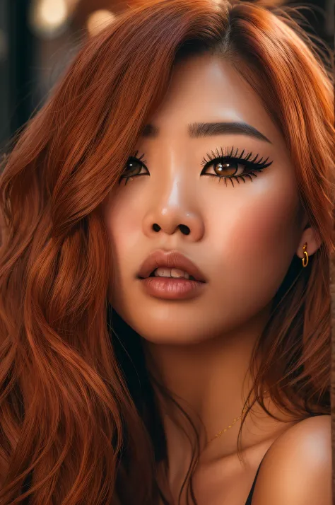 hyper  realistic , ultra detailed, photo of beautiful asian american woman with long, copper colored hair and full  lips. front ...