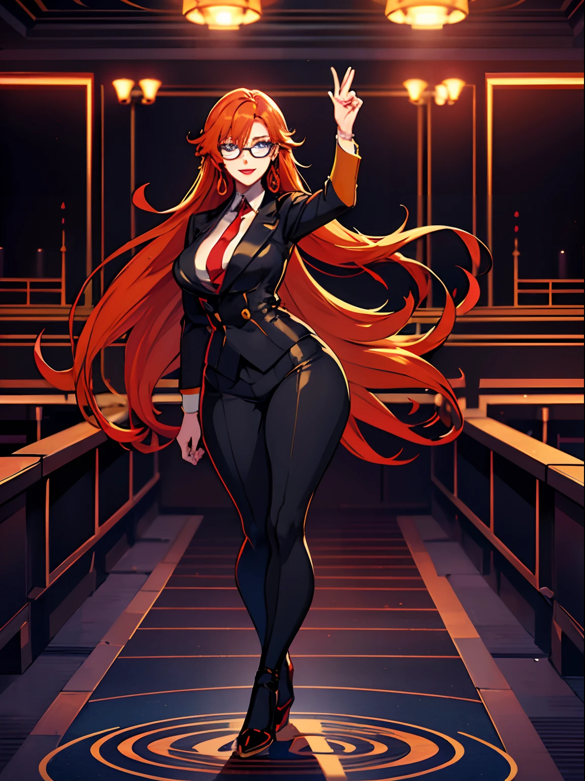 1girl, anime style, PIXIV, best quality, masterpiece, beautiful eyes, blue eyes, transparent glasses, orange hair, long hair, red lips, black suit and tie, provocative look, smiling, gold earrings, full body, curvy body, nightclub background, red lights