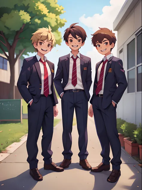 3 male high school delinquents standing, looking at viewer, grinning, school uniform