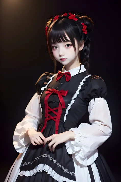 top-quality、​masterpiece、1 girl in、sixteen years old、kawaii faces、Extraordinary Beauty、Black background、Black background、Full Body Angle、White and black gothic Lolita fashion、Gothic Lolita Fashion、Cute poses、Standing、black backgrounds、white  hair:1.5、Red E...
