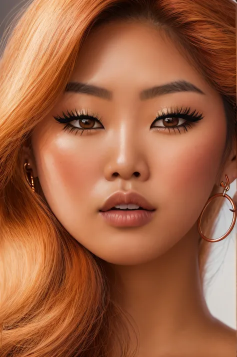 hyper realistic , ultra detailed, torso photo of beautiful asian american woman with long, copper colored hair and full lips. fr...