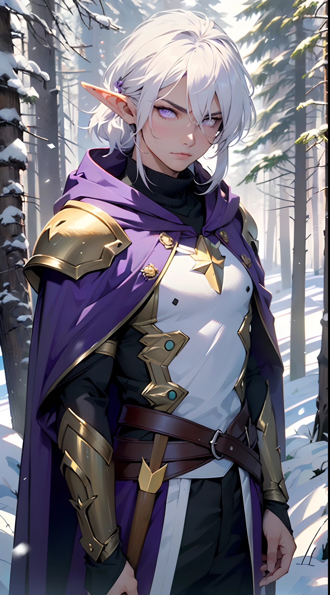 Anime character in purple cloak and white shirt standing in snowy forest -  SeaArt AI