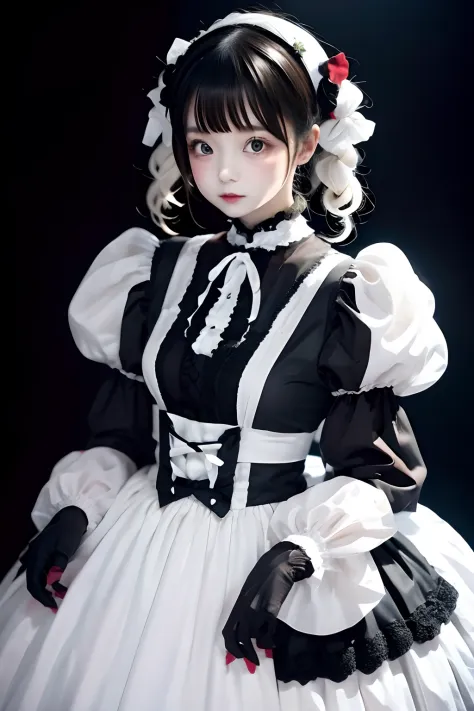 top-quality、​masterpiece、1 girl in、20yr old、kawaii faces、Extraordinary beauty、Black background、Black background、Full Body Angle、White and black gothic Lolita fashion、Gothic Lolita Fashion、Cute poses、Standing、black backgrounds、white  hair:1.5、Red Eyes、red-l...